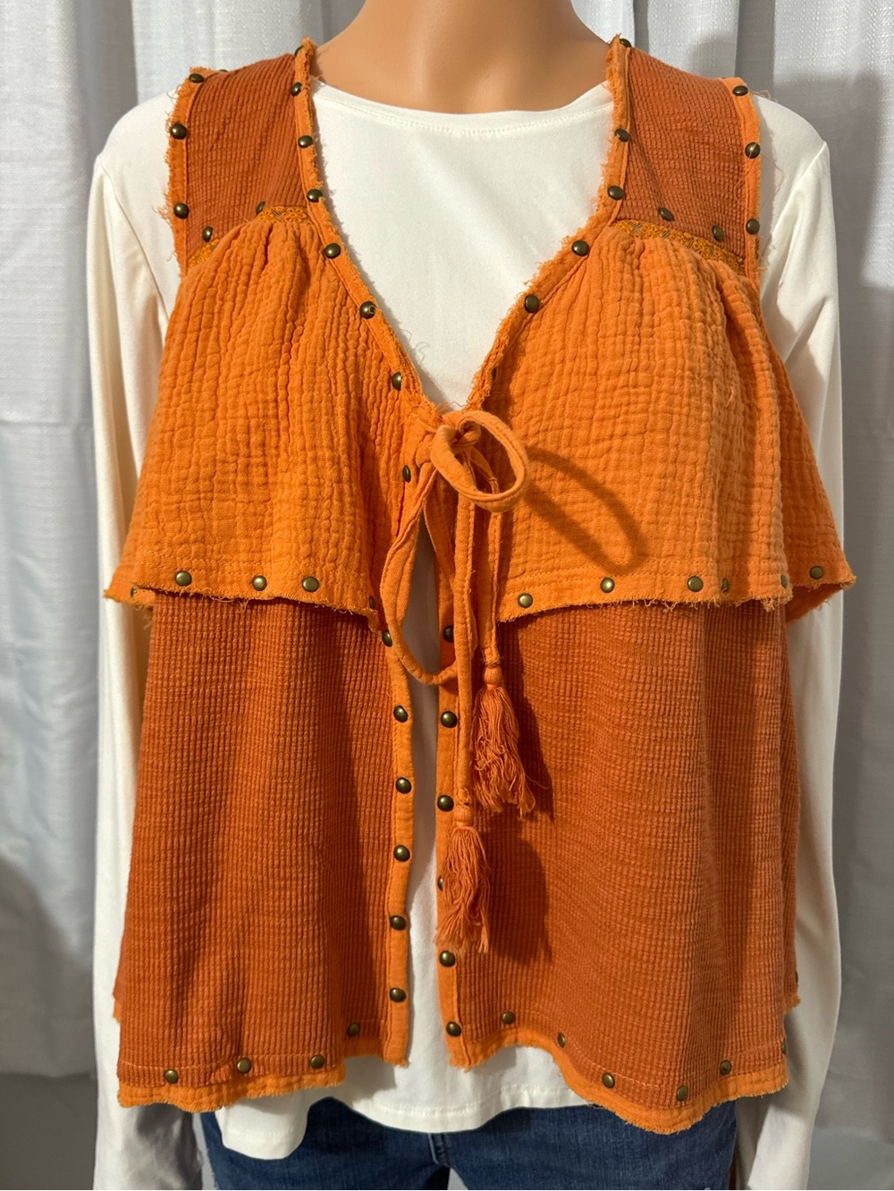 Cool POL size S burnt orange sleeveless studded tassel tie waffle knit vest new